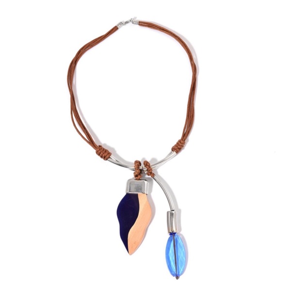 Jewelry - Blue Chroma, Wood Pendant Faux Leather Necklace Jewelry - Blue Chroma, Wood Pendant Faux Leather Necklace